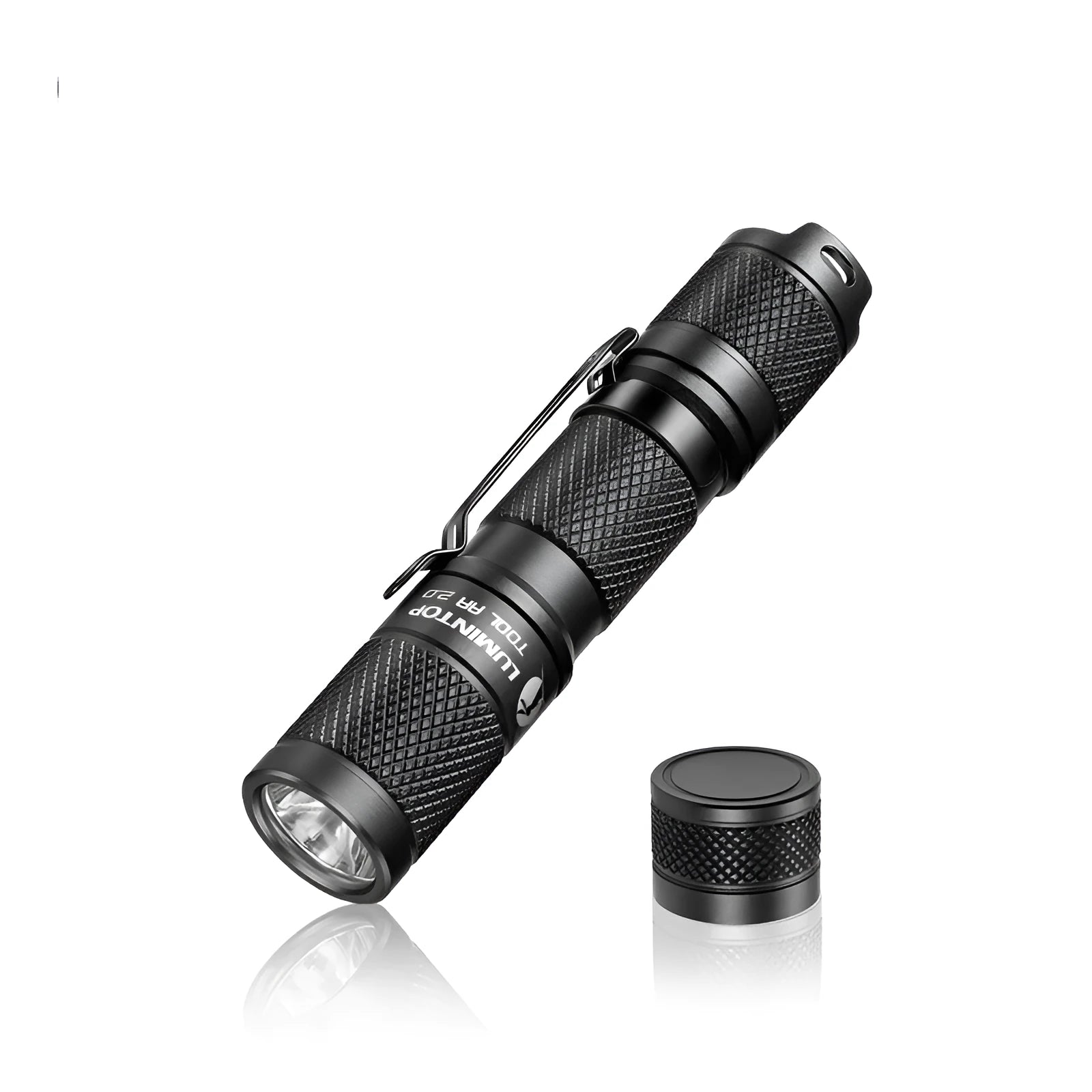 Lumintop Tool AA 2.0 black compact flashlight with magnetic tail cap and diffuser accessory