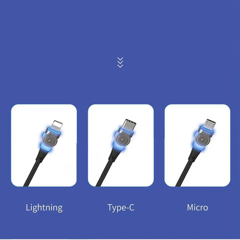 Black USB charging cable with rotating zinc alloy connector for Android and Apple phones.