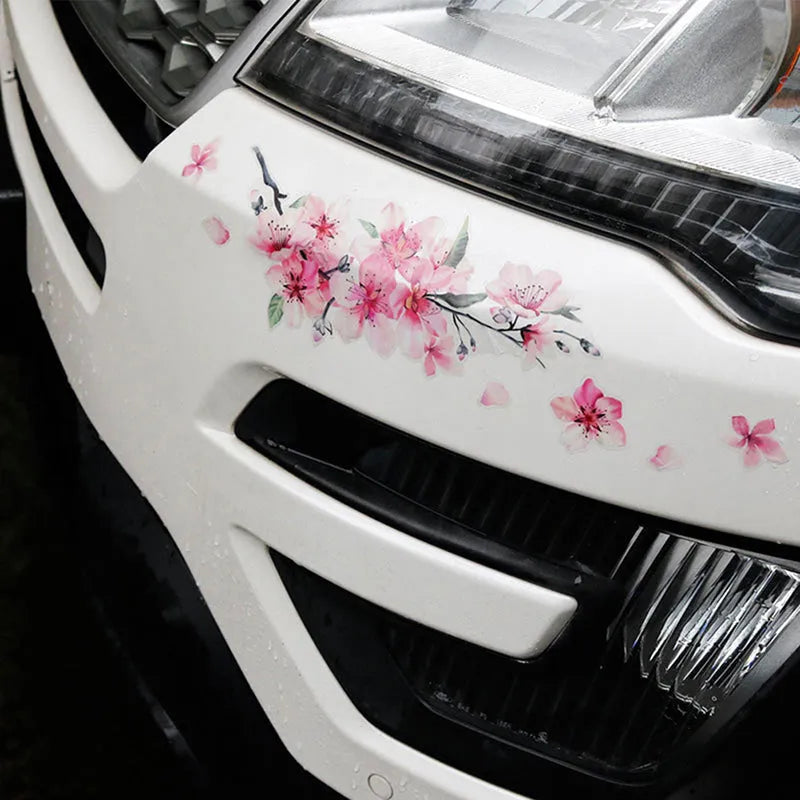 Cherry blossom floral pattern car sticker on vehicle surface showing two size options