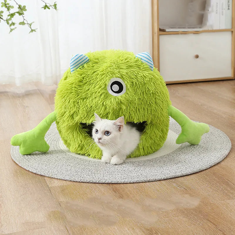 Round fluffy pet bed for cats and small dogs with non-slip base in three sizes