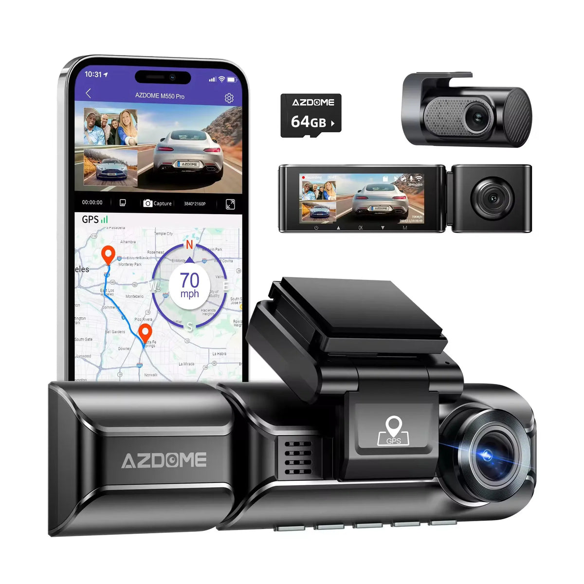 2K resolution driving recorder dash cam with front and rear cameras on 3-inch screen display