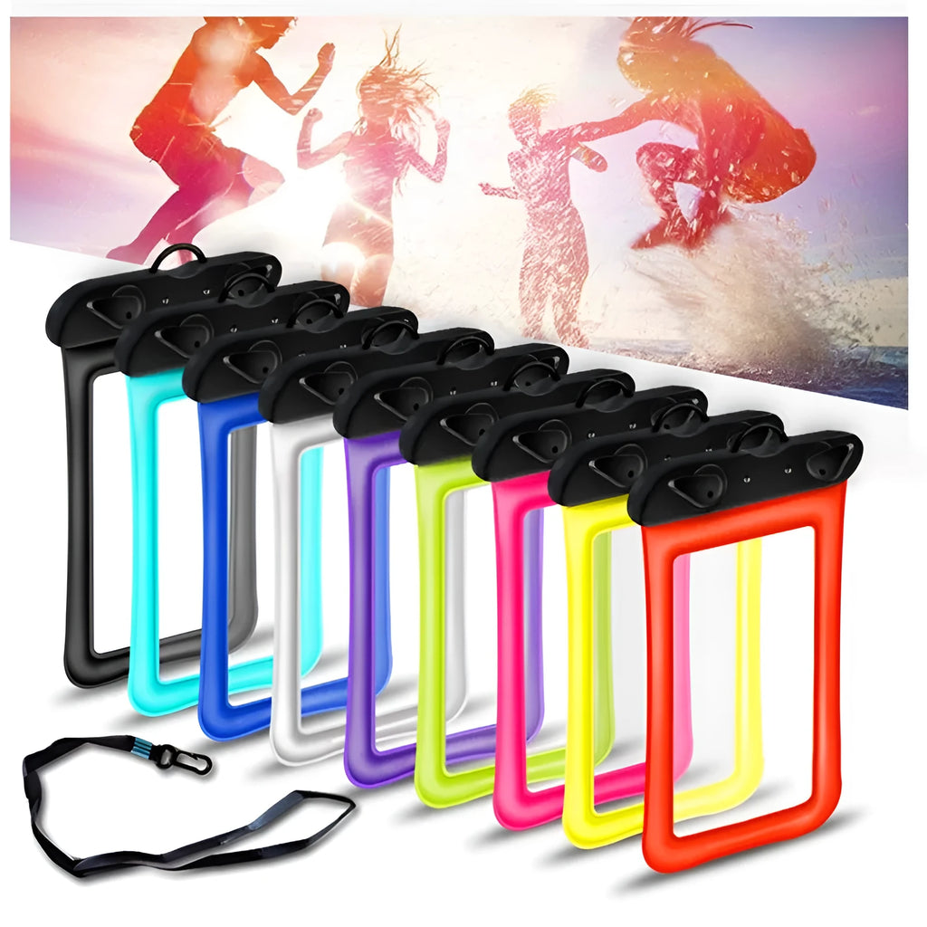 Orange waterproof phone pouch with a black rope, showing the ABS switch sealing mechanism.