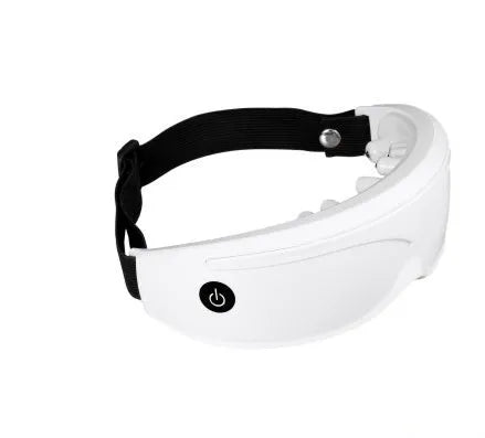 Black eye massager with adjustable elastic headband and silicone contact pads on white background