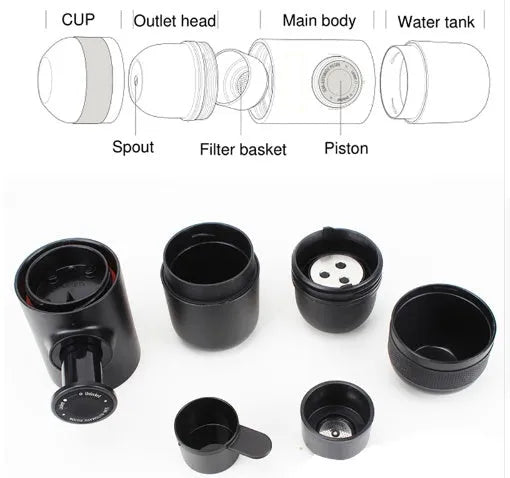 Black portable manual espresso coffee machine with stainless steel parts, shown at 17.5cm height.