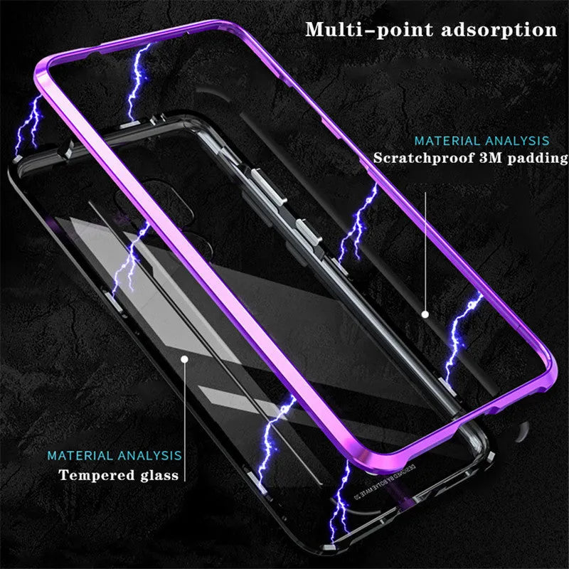 Magnetic metal phone case for Huawei smartphones with tempered glass back in black, blue, red or white
