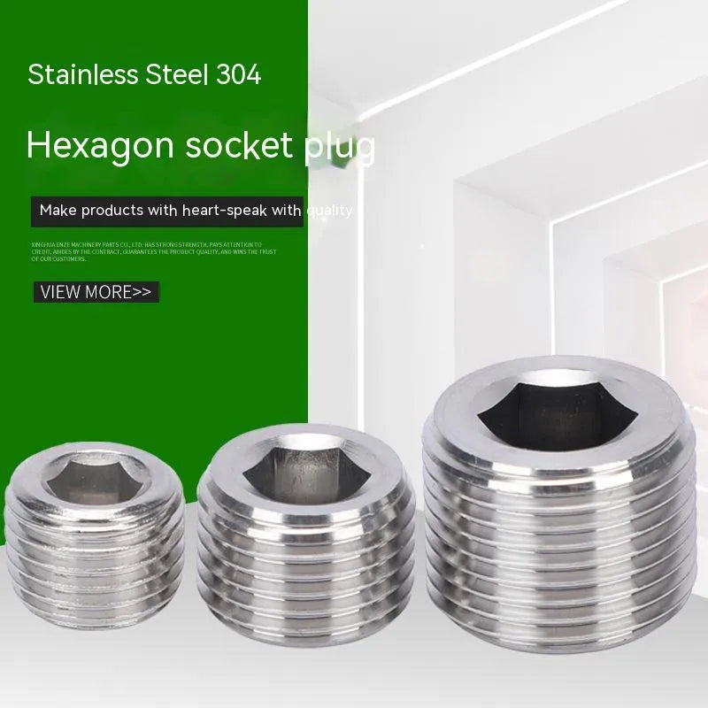 Stainless steel hexagon pipe plug for 3/8-inch bulkhead connections.