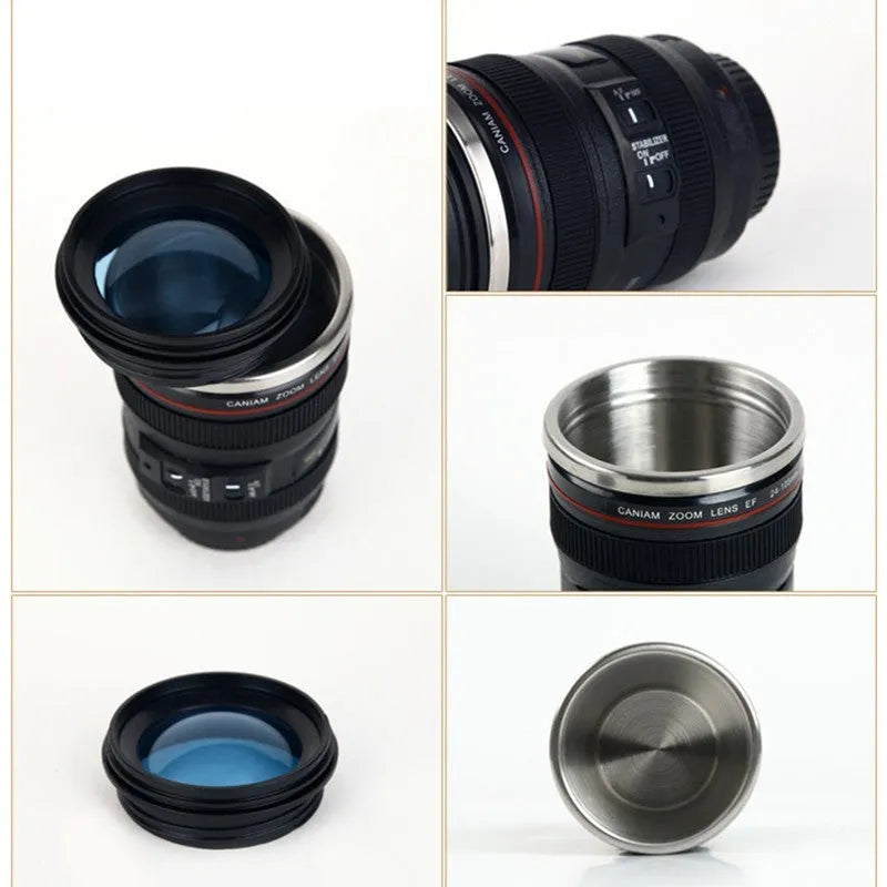 Stainless steel camera lens travel mug in black colour with 400 ml capacity and straight cup design