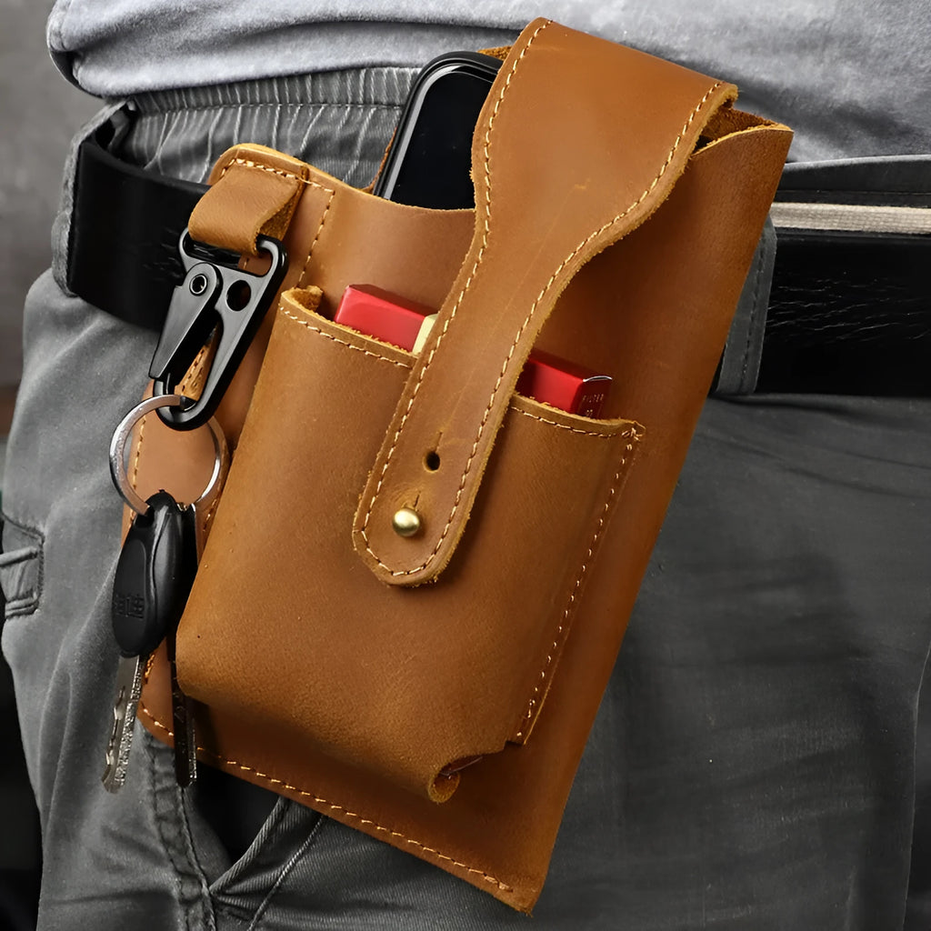 Men's retro leather phone hanging belt bag in cowhide leather with car suture detailing