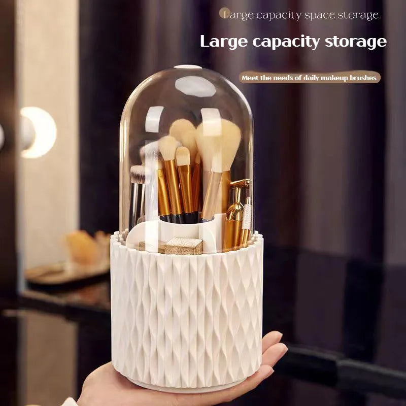White rotating acrylic makeup brush storage box with transparent dust cover on desktop