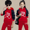 Korean-style long sleeve sweat suit two-piece set for older kids in black, red, or wine red.