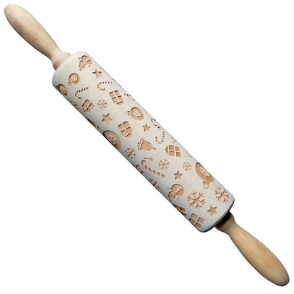 Personalized Christmas rolling pin with a variety of embossed holiday designs, including snowflakes, reindeer, and Merry Christmas patterns