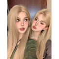 Women's long straight milk tea blonde grey gold synthetic wig with hairnet.