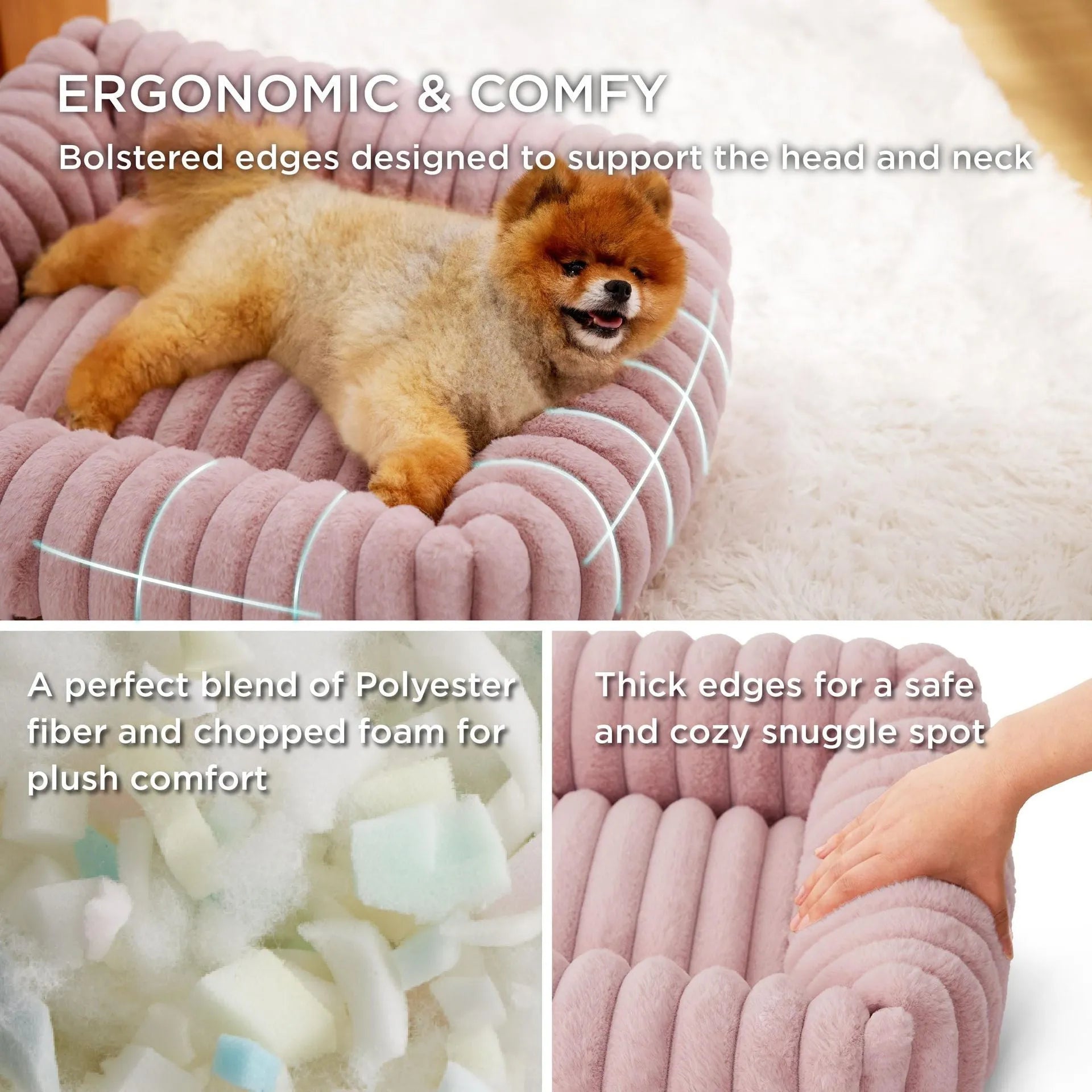 Dog bed with removable cover in beige colour showing four available size options