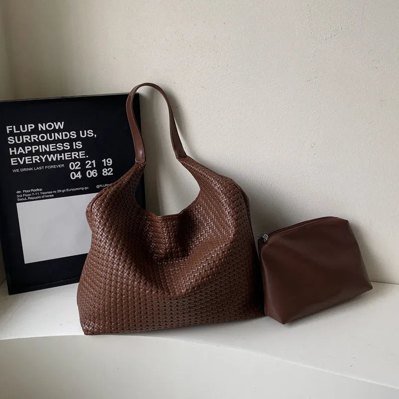 Retro high-grade women's woven tote bag in PU material, square vertical shape, 38x42x13cm, olive green colour