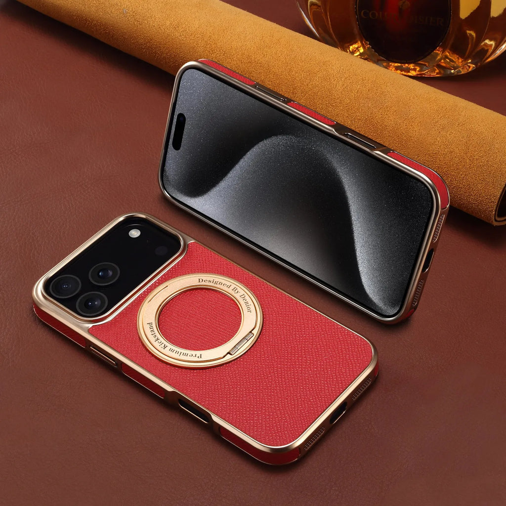 Genuine leather magnetic iPhone case with bracket in green, black, orange or red