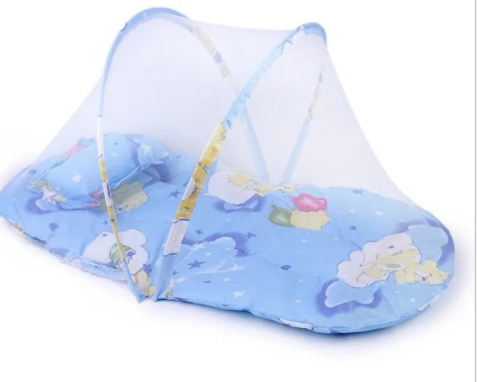 Blue foldable baby mosquito net tent with stainless steel bracket measuring 54x44cm