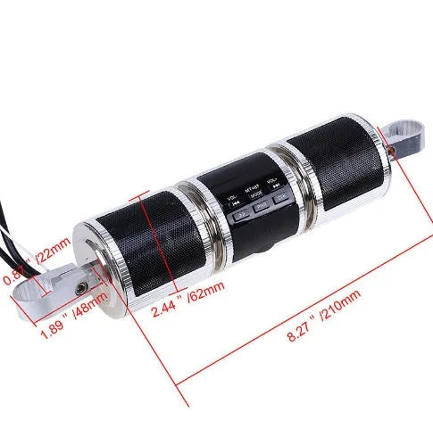 Motorcycle Bluetooth music player with aluminium body, LED screen, and adjustable handlebar mount in black finish