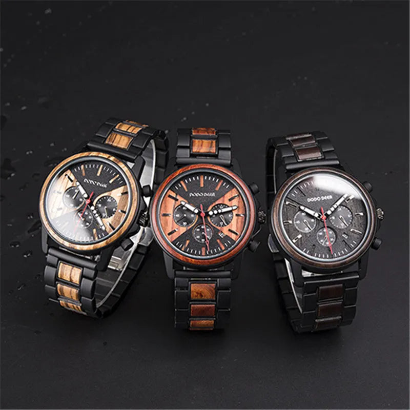 Wooden wrist watch with 44mm metal case, metal band, mineral glass mirror, black colour
