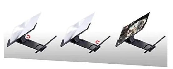 Black mobile phone stand with a large central magnifying lens on a stable ABS plastic base.