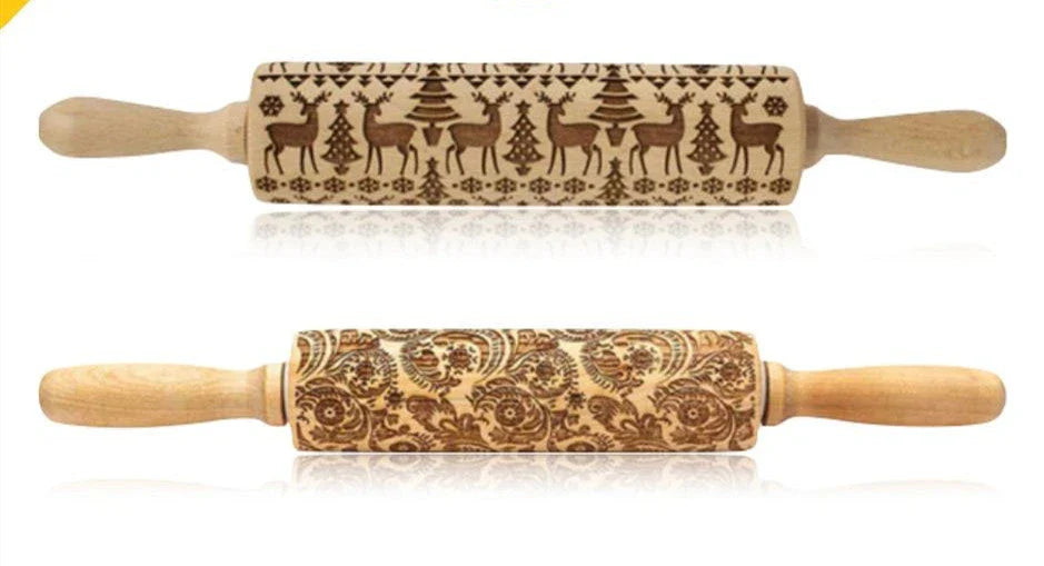 Personalized Christmas rolling pin with a variety of embossed holiday designs, including snowflakes, reindeer, and Merry Christmas patterns