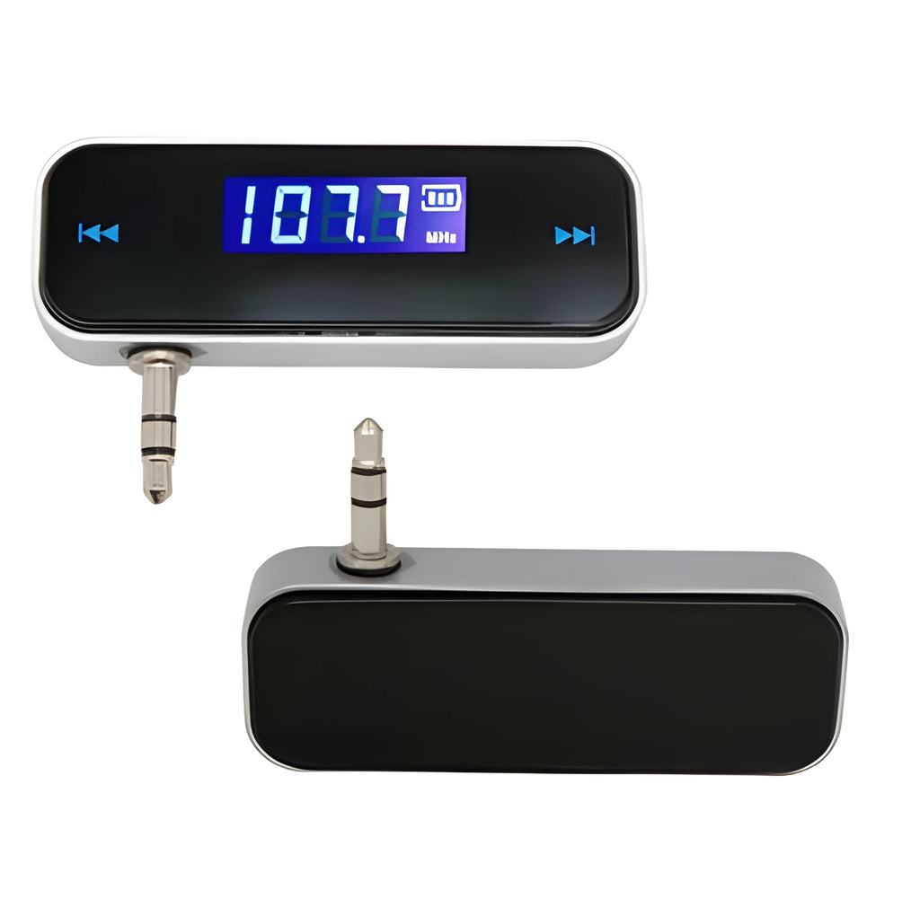 Black car FM transmitter with 3.5mm AUX plug, LCD display, 200 frequencies and 120mAh rechargeable battery
