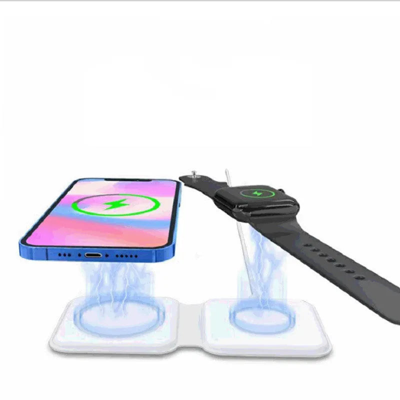 White foldable magnetic wireless charging dock showing two phones charging simultaneously.