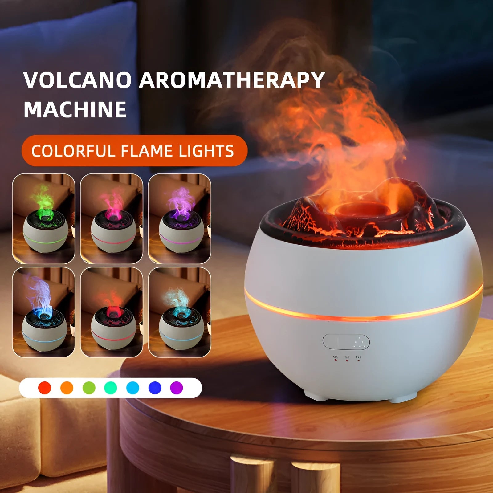 White round desk aromatherapy humidifier and essential oil diffuser with water tank on a wooden table.
