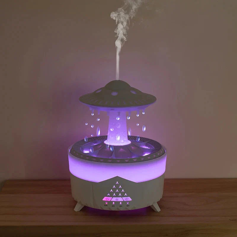 Relaxing rain cloud humidifier with essential oil diffuser, soothing rain sound, and customizable LED lights for a tranquil home environment