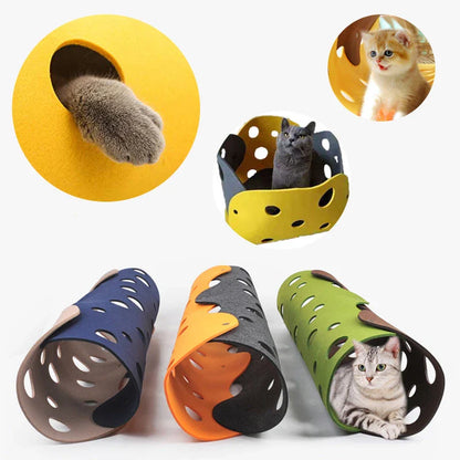 Cozy felt cat tunnel with peepholes, providing interactive playtime and a comfortable hideaway for cats