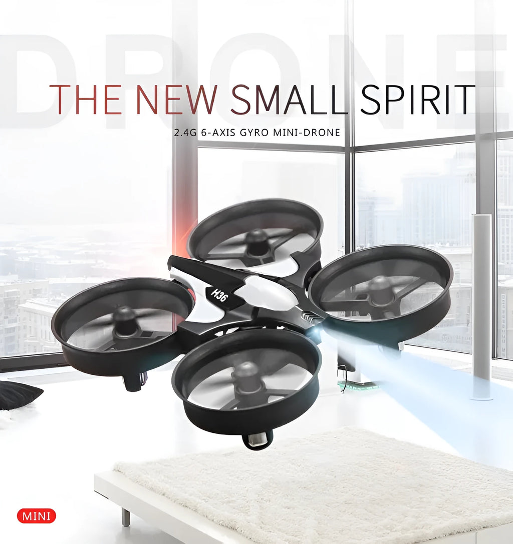 JJRC H36 mini drone in blue and grey with protective fan blades and remote control