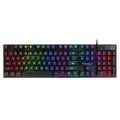 USB wired gaming keyboard with floating keycaps showing colourful backlight and multimedia shortcut row on a desktop