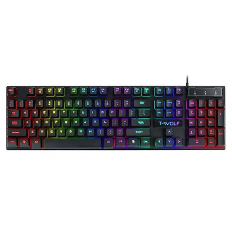 USB wired gaming keyboard with floating keycaps showing colourful backlight and multimedia shortcut row on a desktop
