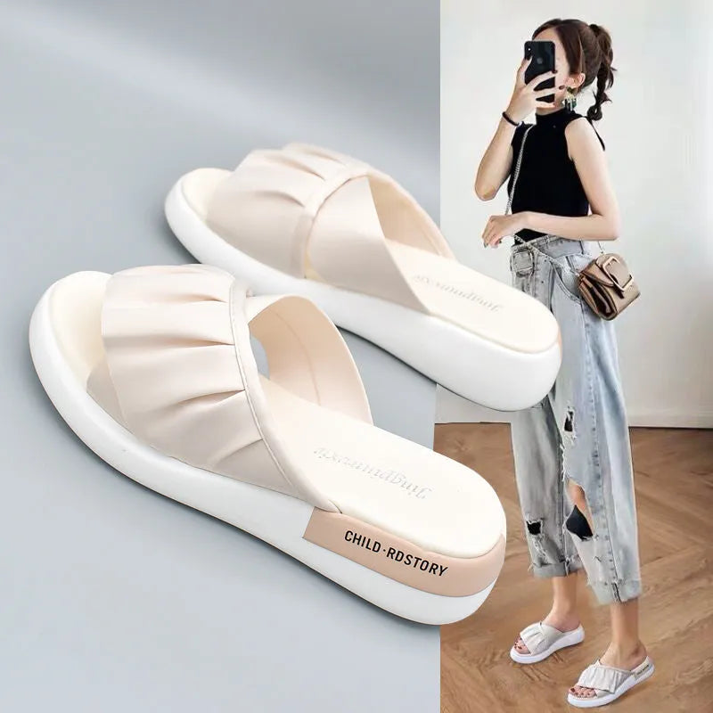 Women's casual sandals with waterproof platform, silk upper, and middle heel in beige colour