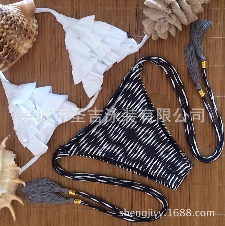 Brazil bikini suit with split design in black, rose red, white, and yellow colours
