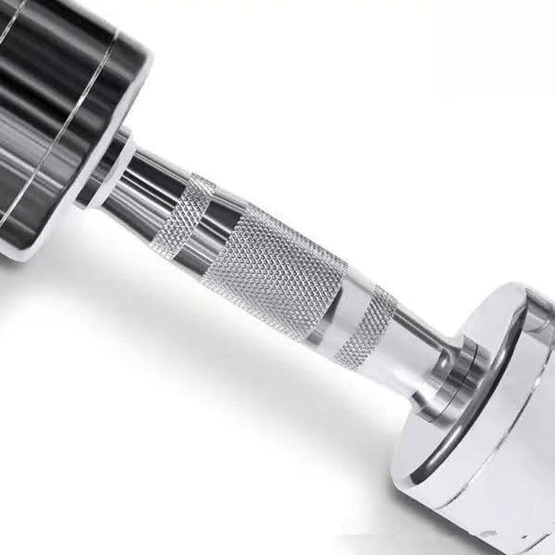 Pure steel dumbbell with silver electroplated finish and ergonomic handshake design