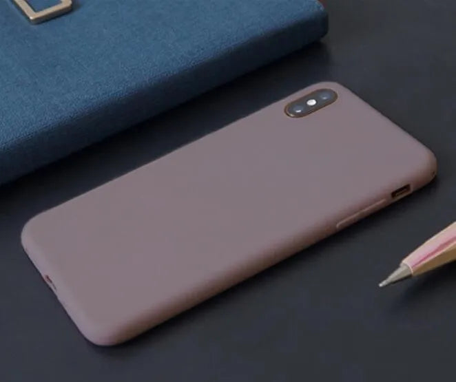 Frosted matte soft shell phone case for iPhone, shown in multiple colour options including blue, pink and black.