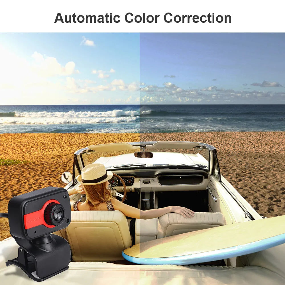 Blue mini USB webcam with rotating base on a laptop screen.