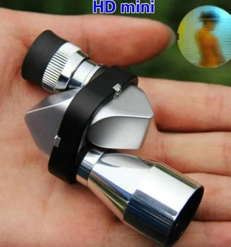 Compact black aluminium alloy 8x20 pocket monocular telescope with folded eyecup, shown with canvas carry bag and lens cloth.