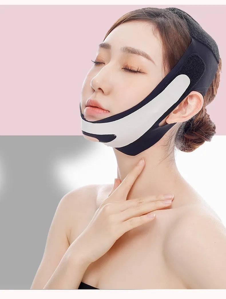Pink and black elastic V face bandage with hook-and-loop fastening for facial contouring