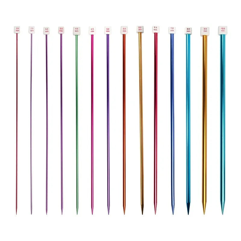 Aluminium lengthened crochet hook set showing multiple sizes with protective caps for knitting crafts