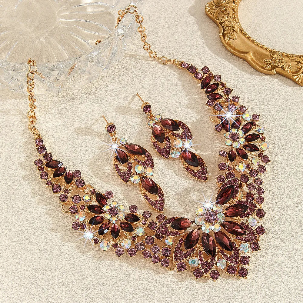 Gold crystal necklace and earrings set with alloy pendant, cross chain, and floral rose and wheat design