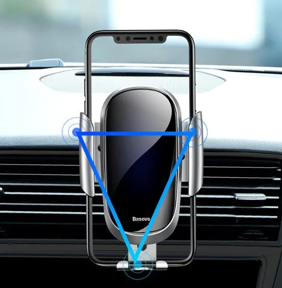 Universal car dashboard mounting bracket for smartphones in black, blue, and silvery with an adjustable arm.