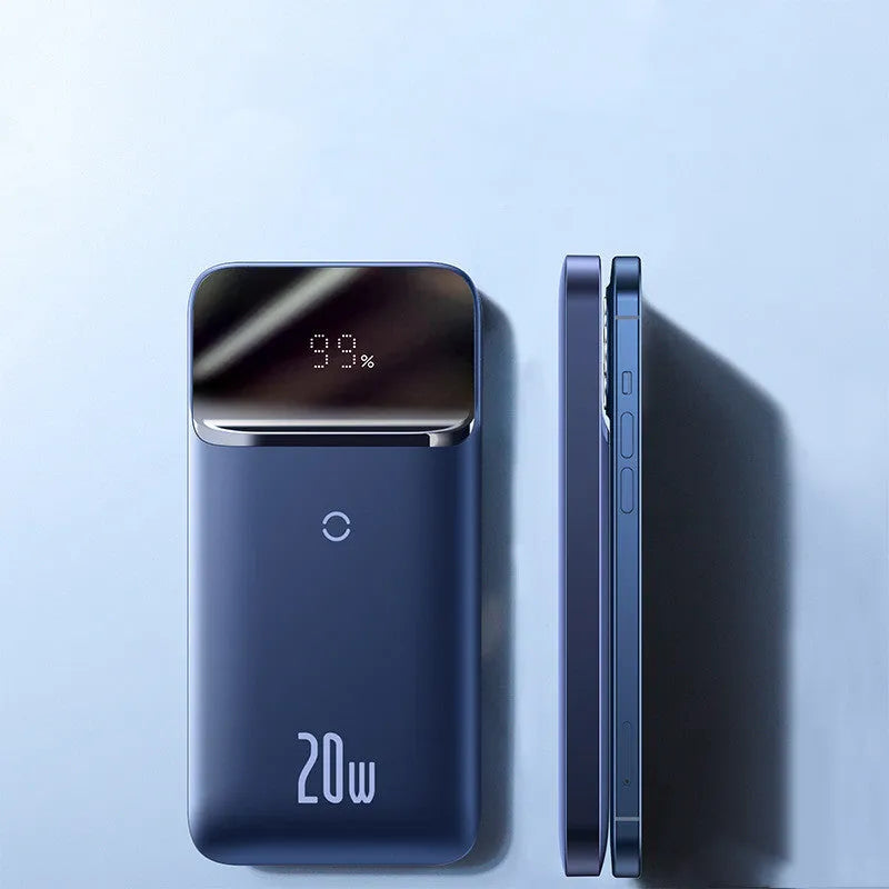MagSafe magnetic wireless power bank with LCD display in blue or white colour options