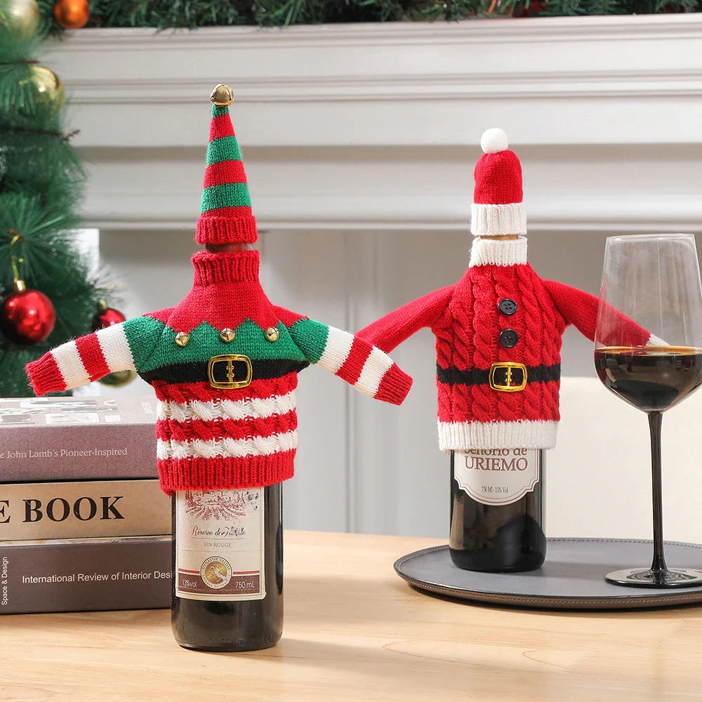 Festive knitted wine bottle covers in red and green stripes and red belt designs, perfect for Christmas and holiday decor