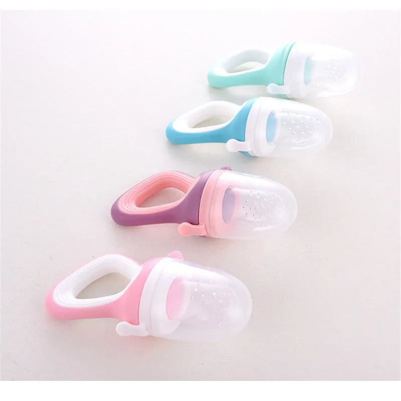 Food-grade silicone and PP baby teether in cartoon blue, green, or purple, sizes L M S, 120°C heat resistant.