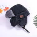 Bluetooth bomber hat with acrylic plush lining, Bluetooth 4.1, 10 m range, built-in earphones, black blue red.