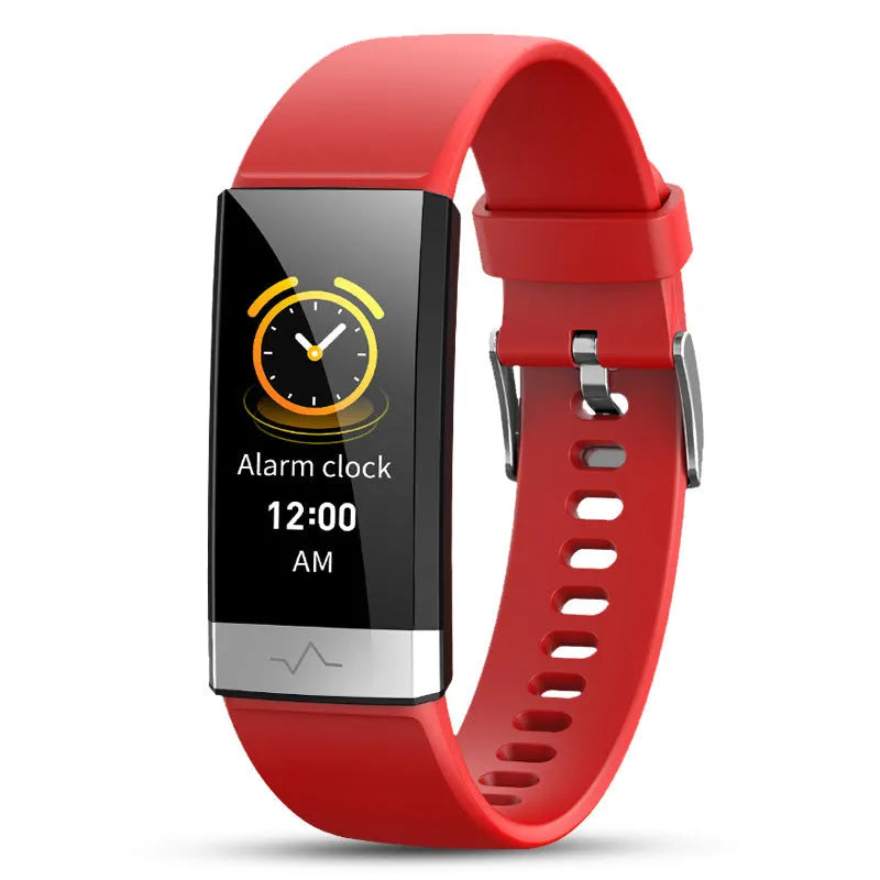 V19 smart fitness bracelet with colour screen on a wrist, shown in black, blue and red colour options.