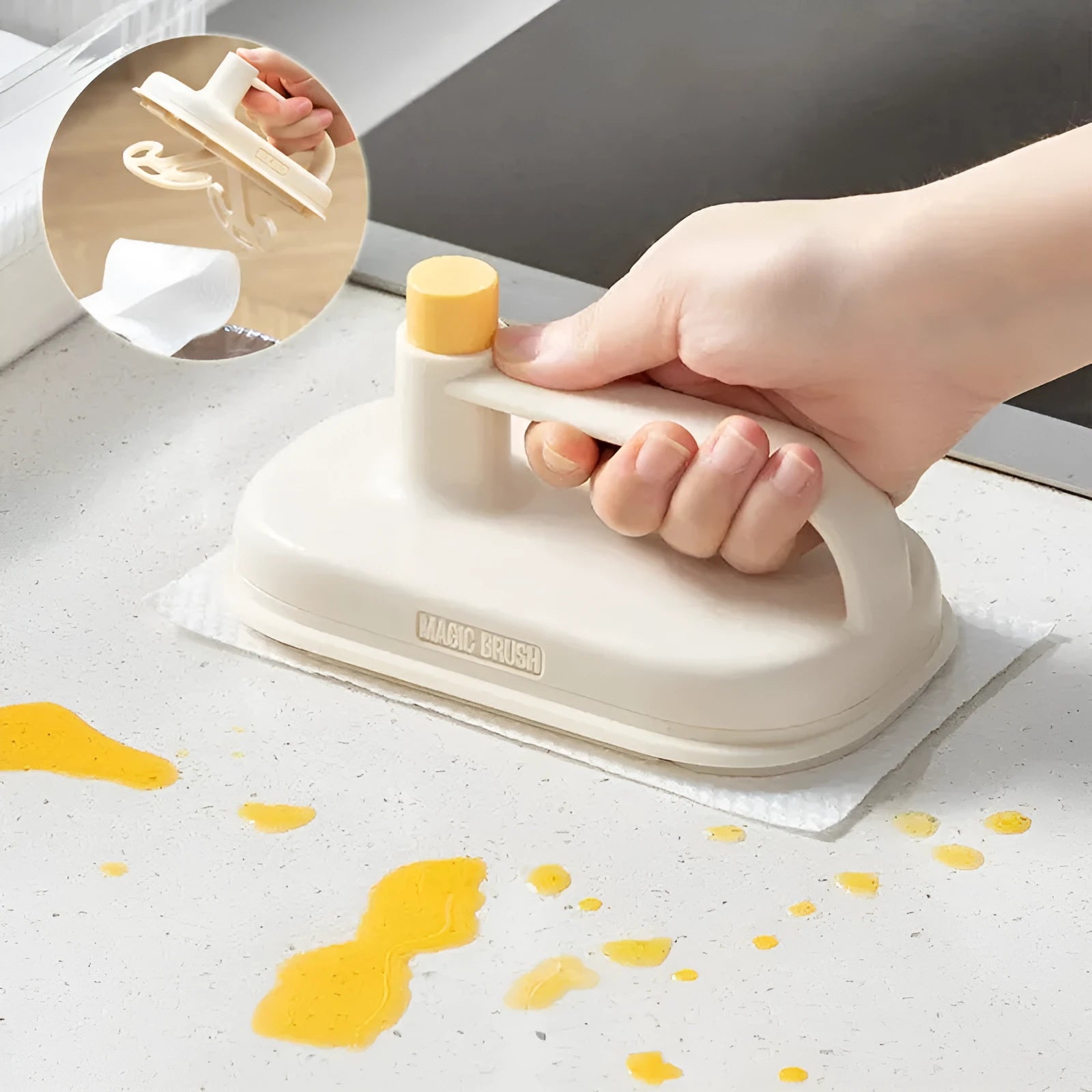 Magic Brush disposable dusting tool with plastic handle and white non-woven rags for cleaning