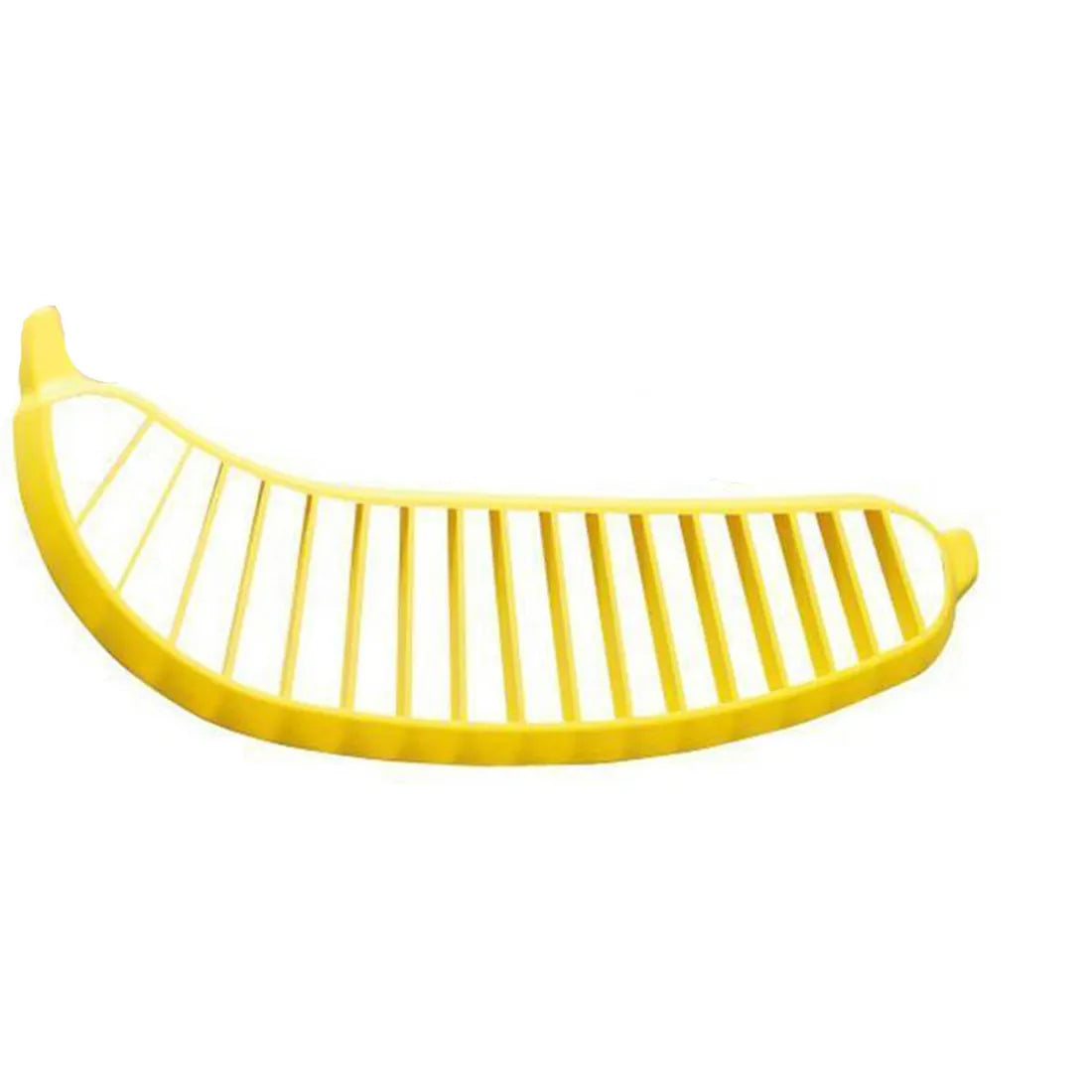 Yellow banana cutter slicer made of food-grade PP, approximately 25 x 7 x 1.4 cm