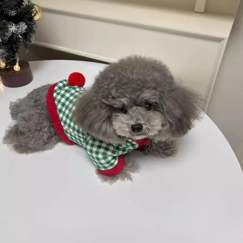 Plaid dog hoodie and Christmas pet princess dress in milk silk fabric, snowman pattern, sizes XS-XXL for small dogs and cats